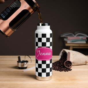 Bouteille D'eau étiquette rose chaud noir et blanc À damiers