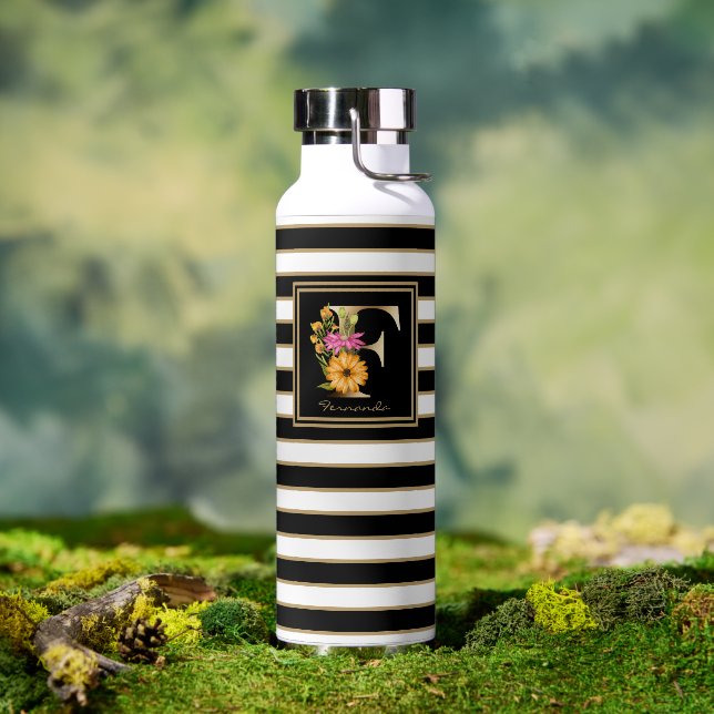 Bouteille D'eau F Monogramme Floral Or | Blancs noirs (Extérieur)