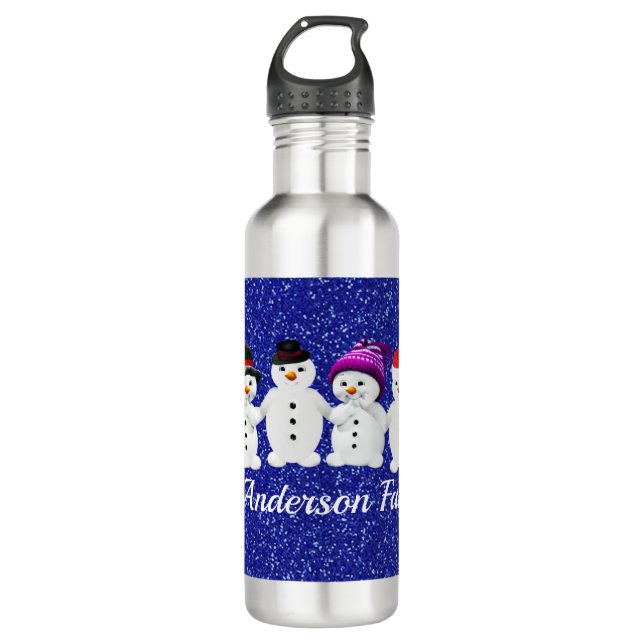 Bouteille D'eau Famille de quatre Snowmen Blue Sparkle Winter (Devant)