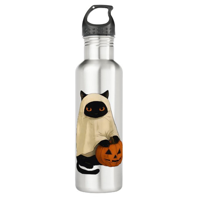 Bouteille D'eau Fantôme de chat noir avec T-shirt Citrouille essen (Devant)