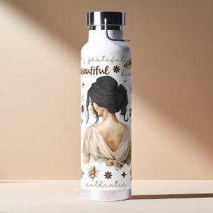 Bouteille D'eau Femme à l'aquarelle avec cheveux noirs Affirmation