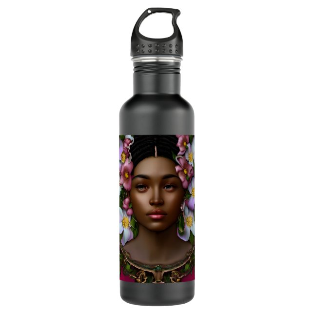 Bouteille D'eau Femme afro-américaine sereine avec fleurs (Devant)