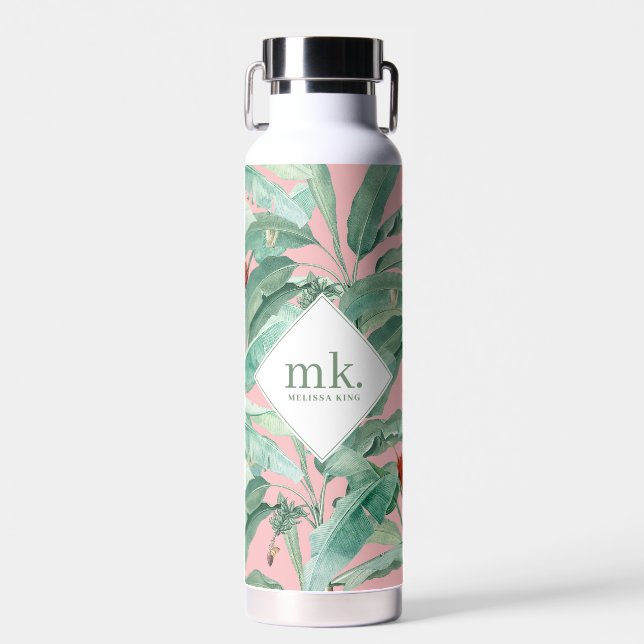 Bouteille D'eau Feuilles de bananes tropicales roses Monogrammes (Avant)