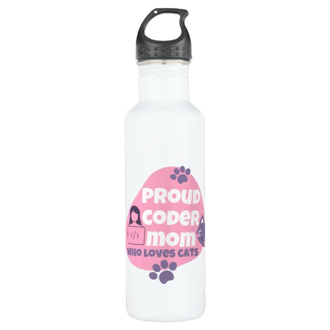 BOUTEILLE D'EAU FIER MOM CODER QUI AIME LES CHATS - MOM CODER (Devant)