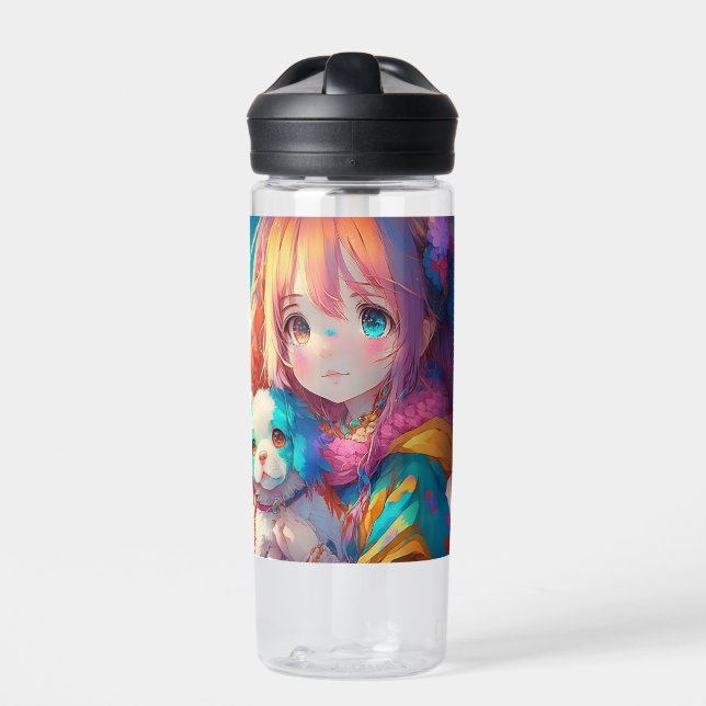 Bouteille D'eau Fille Anime personnalisée avec chiot (Extérieur)