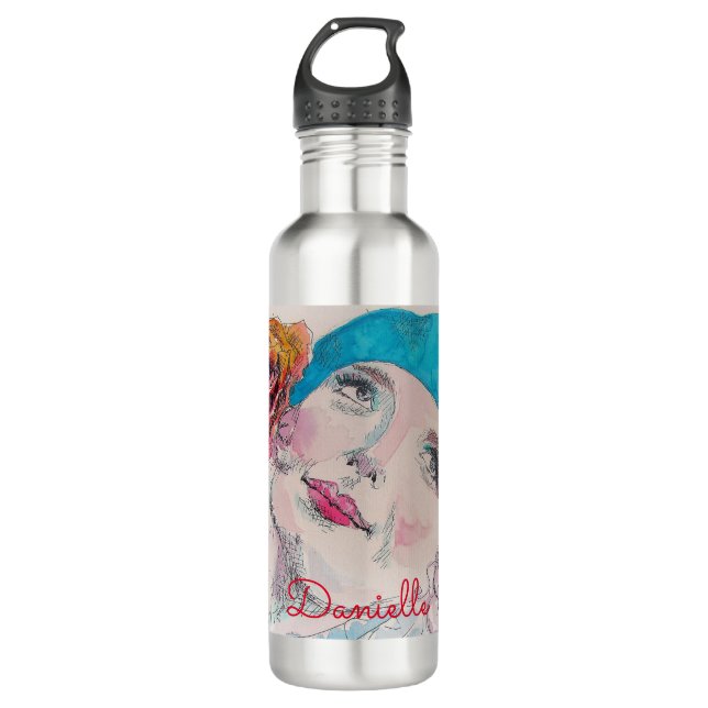 Bouteille D'eau Fille avec Rose Rouge Beret Aquarelle Florale Fleu (Devant)