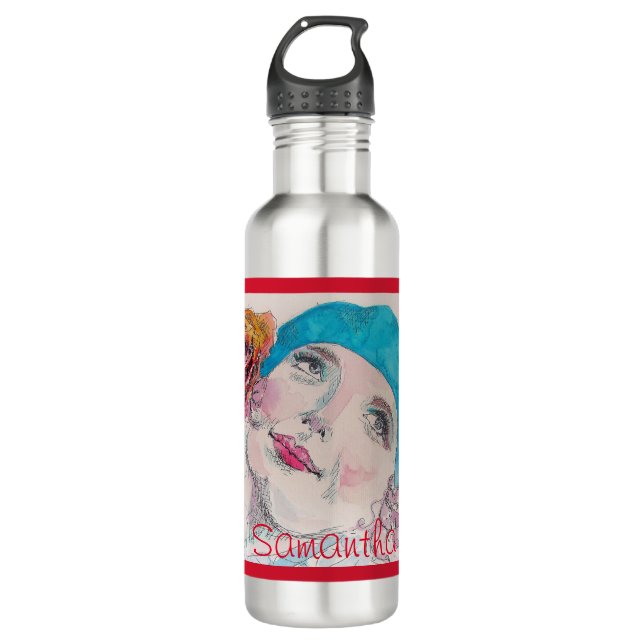 Bouteille D'eau Fille avec Rose Rouge Beret Aquarelle Soyez Vrai P (Devant)