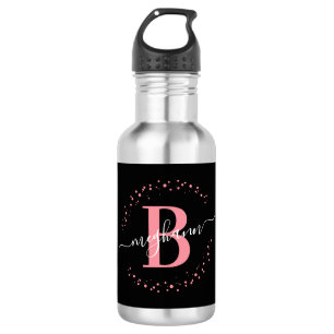 Bouteille D'eau Fille moderne noir rose Nom Script Monogramme