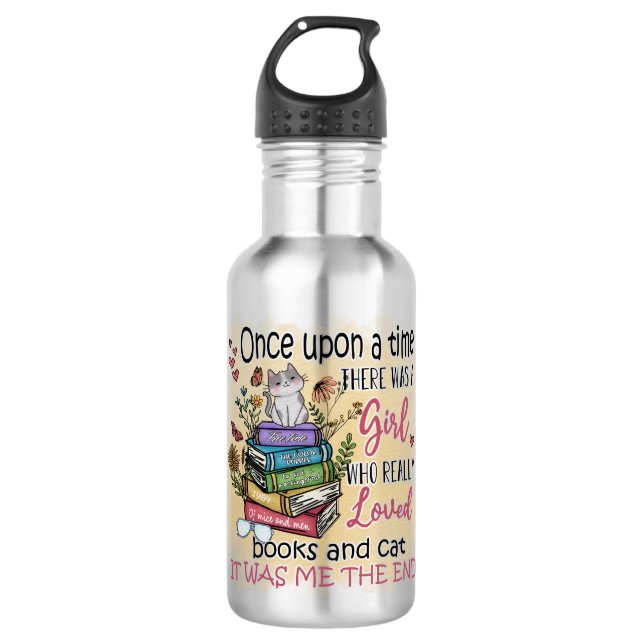 Bouteille D'eau Fille qui aime les livres et les chats (Devant)