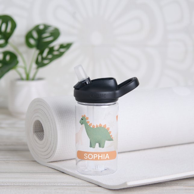 Bouteille D'eau Filles Cute Boho Dinosaure rose et Fleurs Enfants (Gauche)