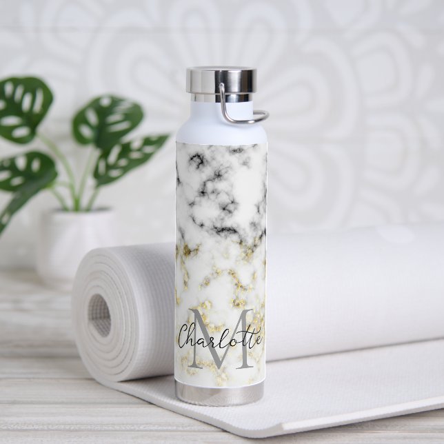 Bouteille D'eau Flacon brillant en marbre noir et blanc Monogramme (Yoga)