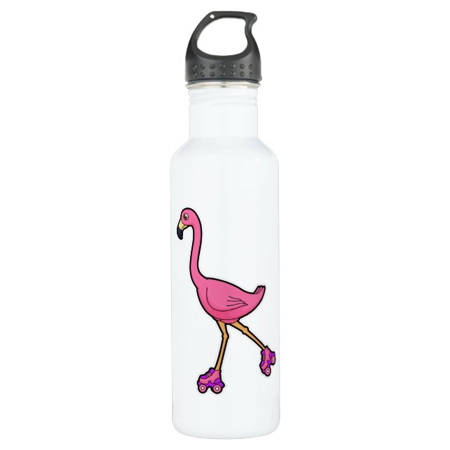 Bouteille D'eau Flamant rose comme Patineur avec Roller Patins (Devant)