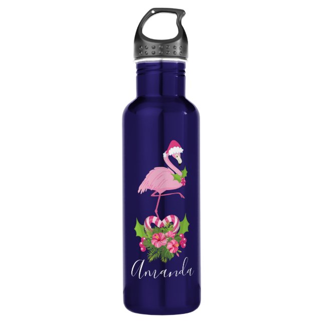 Bouteille D'eau Flamant rose rose en Santa Hat avec Sucre de canne (Devant)
