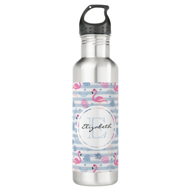 Bouteille D'eau Flamant rose Whimsical et ananas Motif Monogramme (Devant)
