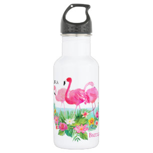 Bouteille D'eau Flamants roses roses floraux tropicaux