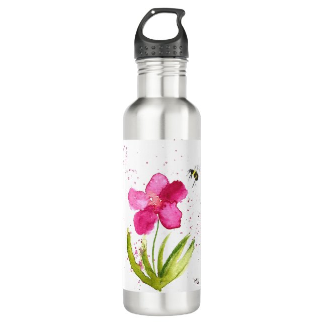 Bouteille D'eau Fleur rose aquarelle bourdon (Devant)
