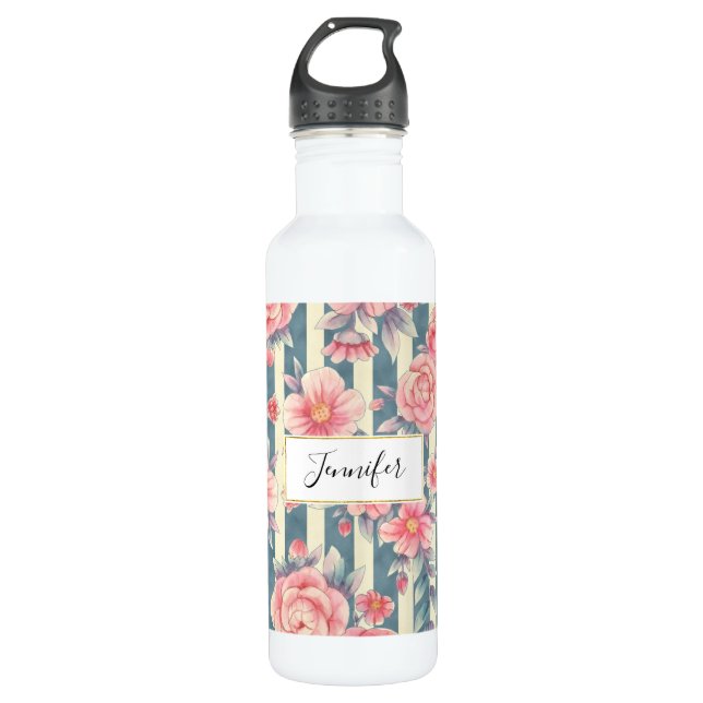 Bouteille D'eau Fleurs d'aquarelle rose sur bandes (Devant)