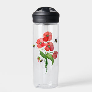 Bouteille D'eau Fleurs de coquelicot écarlate d'aquarelle et bourd