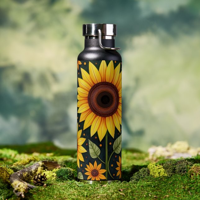 Bouteille D'eau Fleurs de soleil jaunes sur le noir (Extérieur)