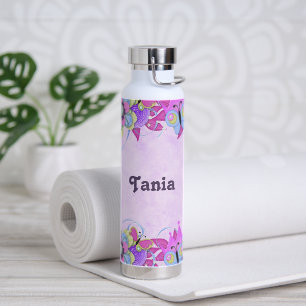 Bouteille D'eau Fleurs mignonnes et papillons sur violet