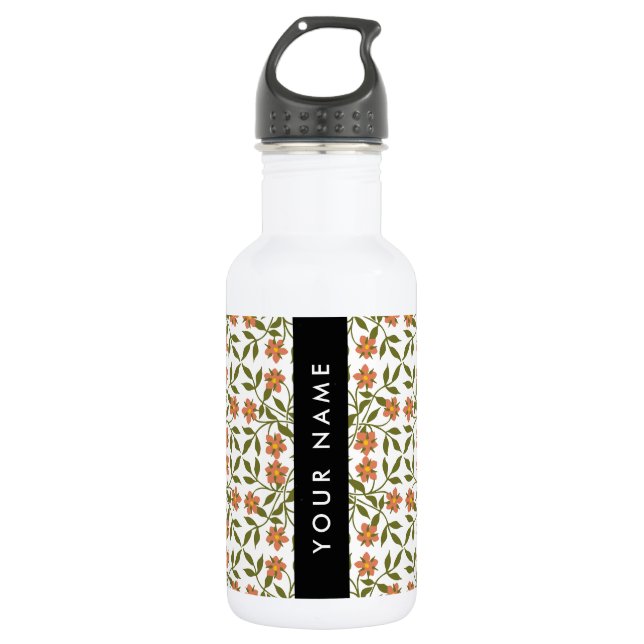 Bouteille D'eau Fleurs orange, motif floral, Boho, votre nom (Devant)