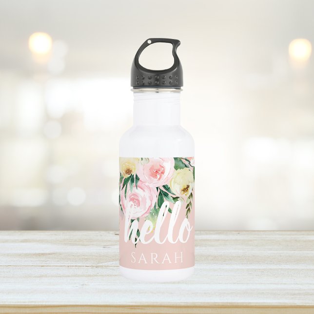 Bouteille D'eau Fleurs Pastel Rose Moderne Bonjour Et Vous Nom (Créateur téléchargé)