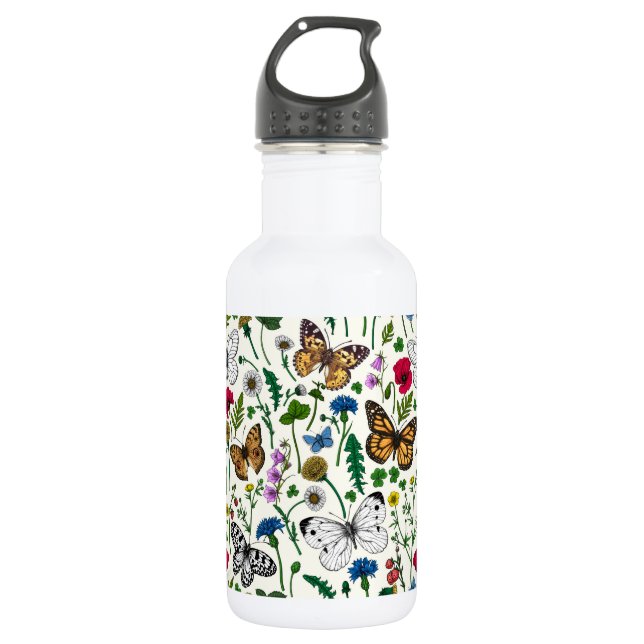 Bouteille D'eau Fleurs sauvages et papillons sur blanc (Devant)