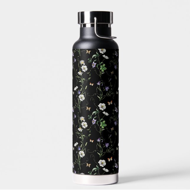 Bouteille D'eau Fleurs sauvages et papillons sur le noir (Gauche)