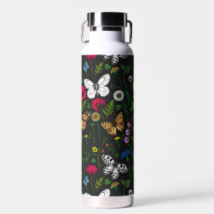 Bouteille D'eau Fleurs sauvages et papillons sur le noir