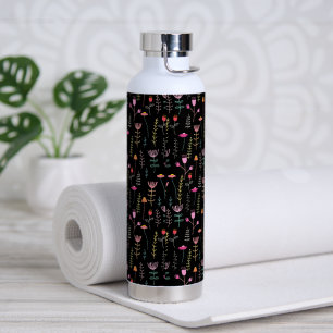 Bouteille D'eau Fleurs sauvages néon sur noir, monogrammed