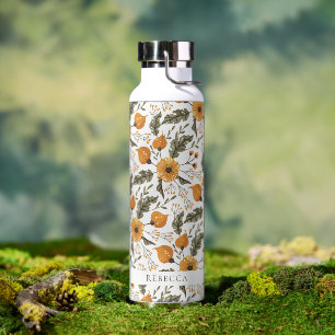 Bouteille D'eau Floral Botanique Motif Blanc Golden Personnalisé N
