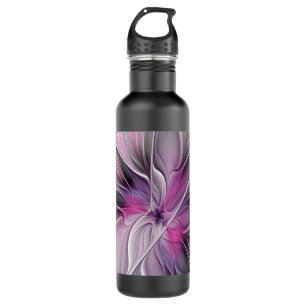 Bouteille D'eau Floral Fractal moderne Fleur Abstraite rose gris