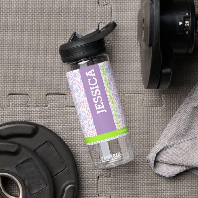 Bouteille D'eau Floral Nom personnalisé & Monogramme (Salle de sport (pivotée))