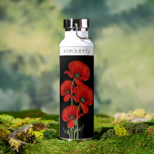 Bouteille D'eau Floral vintage de pavots rouges avec nom