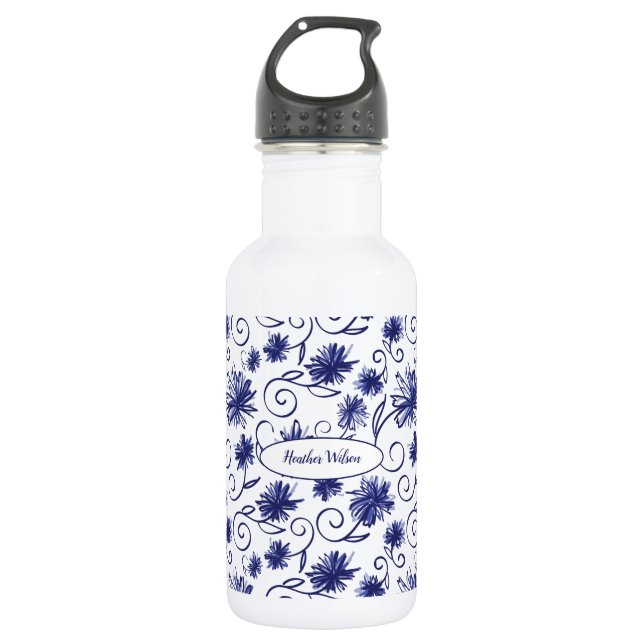 Bouteille d'eau florale bleu blanc avec nom (Devant)
