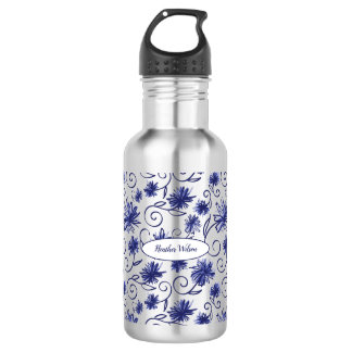 Bouteille d'eau florale bleu blanc avec nom