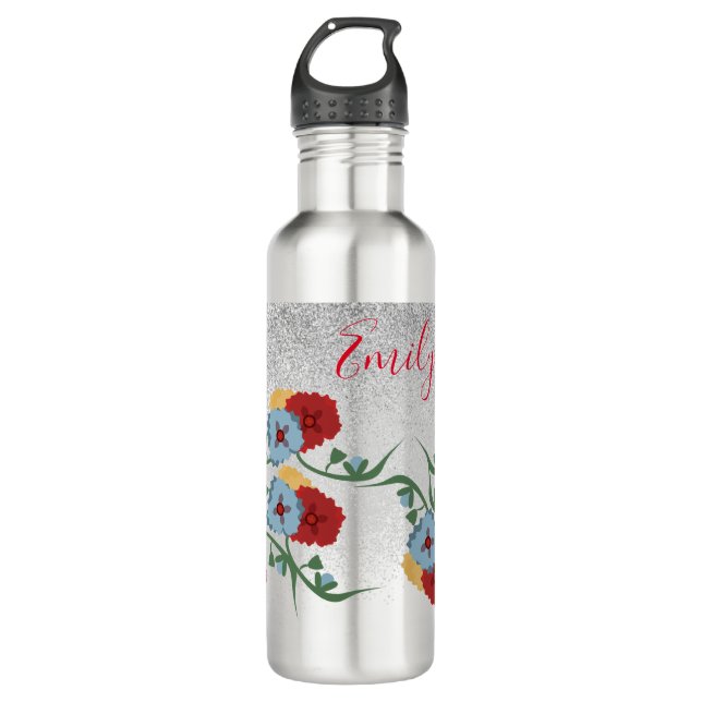 Bouteille D'eau Florals mexicains Green Sparkle Nom monogramme (Devant)