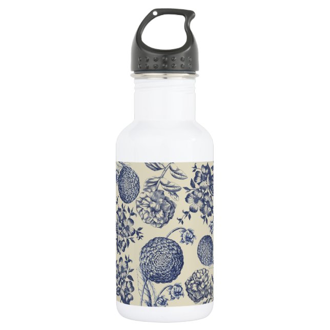 Bouteille D'eau Flore d'impression florale de fleurs bleues antiqu (Devant)