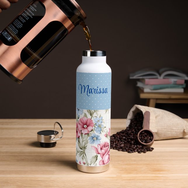 Bouteille D'eau Flore rose et bleu ciel et Pois (Gym)
