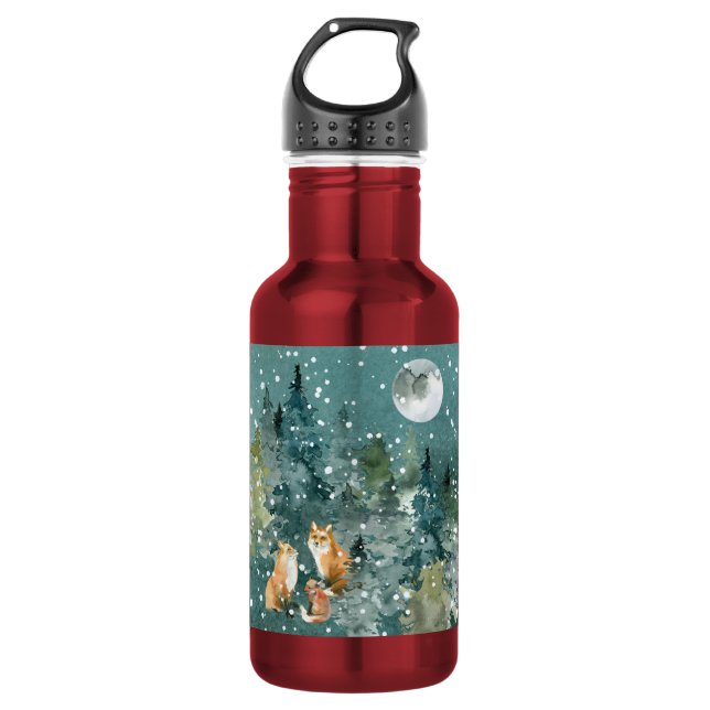Bouteille D'eau Fox Family Forest Pleine lune Snowfall Holiday Sma (Devant)