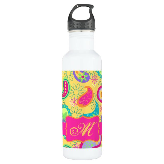 Bouteille D'eau Fuchsia jaune rose moderne Paisson Monogramme (Devant)
