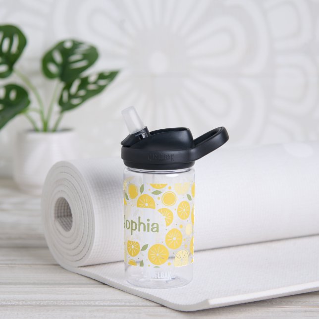 Bouteille D'eau Fun jaune vif Citron Fruit Enfants Nom École (Gauche)
