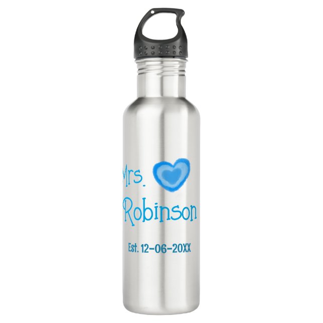Bouteille D'eau Future Mme ajouter nom date aquarelle cœur bleu (Devant)