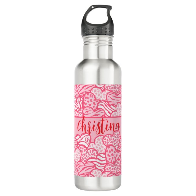 Bouteille D'eau Girly Blush Rose mignon Animal Imprimer Coeurs Nom (Devant)