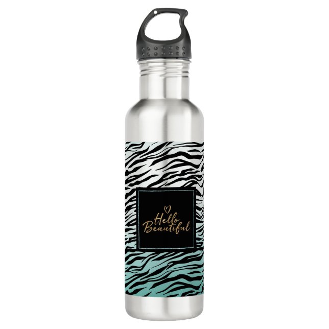 Bouteille D'eau Girly Mint Black Zebra Print Ombre Hello Beautity (Devant)