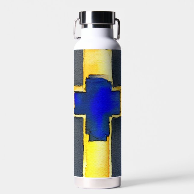 Bouteille d'eau Gold et Cyan Watercolor Cross (Avant)