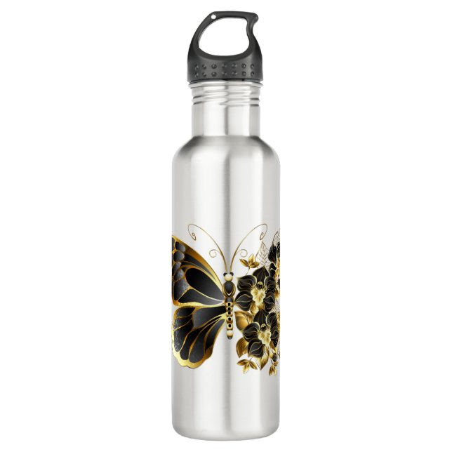 Bouteille D'eau Gold flower Butterfly with Black Orchid (Devant)