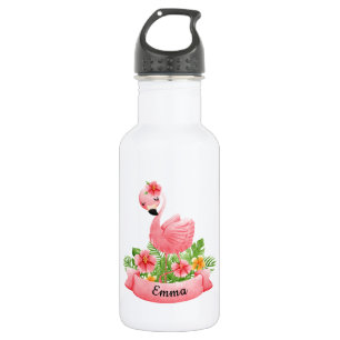 Bouteille D'eau Gourde Flamant Rose Fleurs Personnalisée Enfant