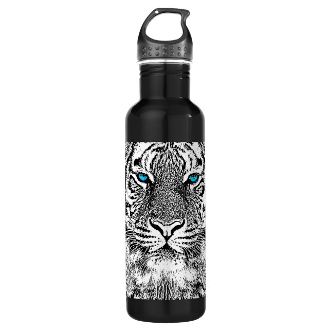 Bouteille D'eau Graphique de tigre noir et blanc aux yeux bleus (Devant)