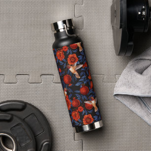 Bouteille D'eau Grenade et colibris/feuilles bleus sur noir